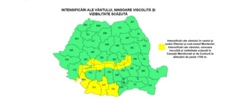 Atenționări meteorologice: Cod galben de vânt și zăpadă viscolită. Previziunea vremii până la Anul Nou.