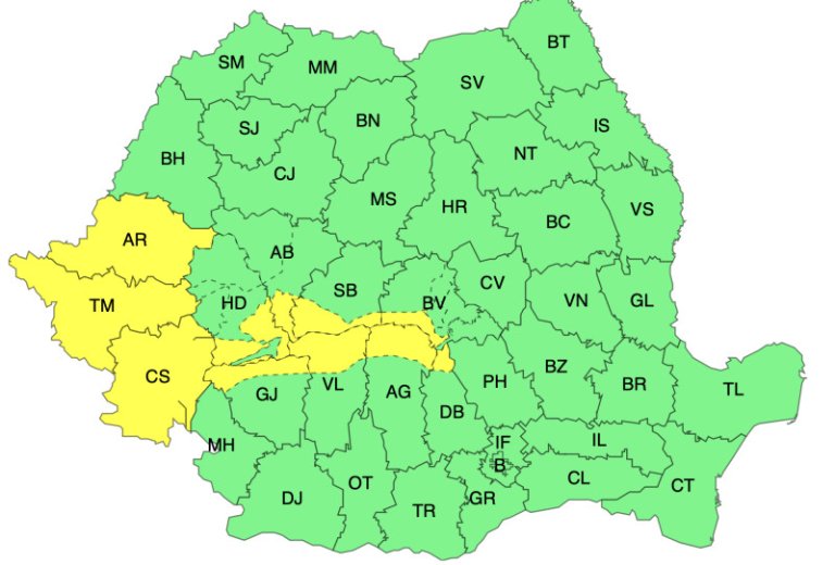 HARTĂ. Alertă meteorologică pentru condiții severe. Aproape 20 de județe sub avertizare galbenă.
