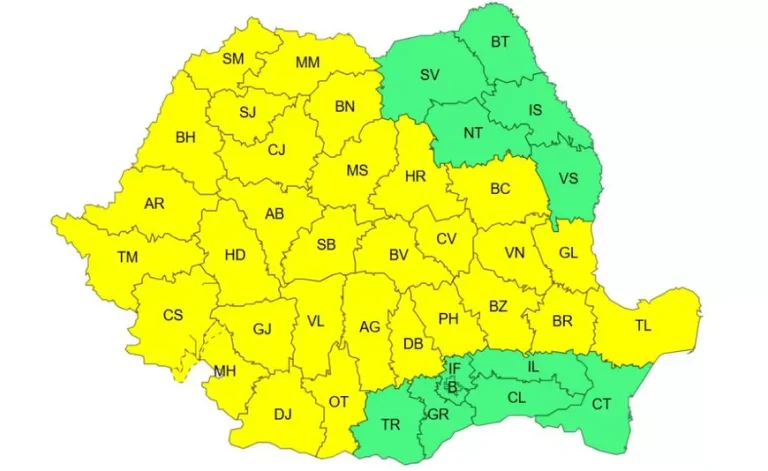ANM a prelungit avertizarea meteorologică pentru precipitații intense, grindină și furtuni rapide. Harta regiunilor influențate de codul galben.